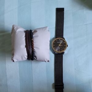 Geoffrey Beene Black and Gold Watch with Brown and Black Bracelets